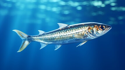 Obraz premium A silver fish swims gracefully in clear ocean waters, illuminated by sunbeams