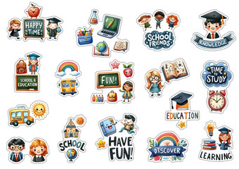 Cartoon school stickers, kids and school objects, stickers for planner or Goodnotes, education stickers set