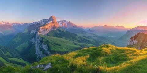 Naklejka premium Panoramic View of the Swiss Alps at Sunrise in Summer