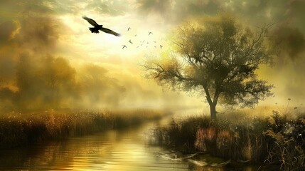 Golden Mist, Tranquil River and a Lone Tree