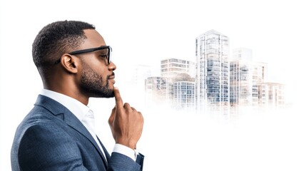 A thoughtful businessman in a suit looks at a cityscape sketch, contemplating urban development and future plans.