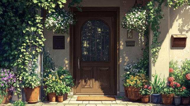 A front door illustration in a visual novel style, open slightly with plants hanging from the porch and flowers in pots all around