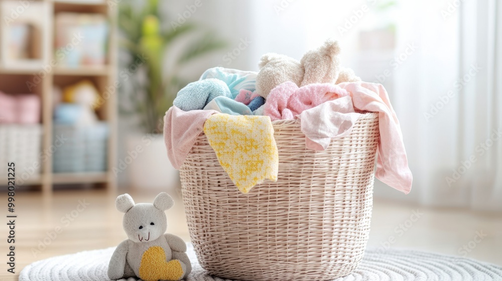 Poster colorful children's clothes and soft toys overflow from a basket in a sunlit room, creating a cheerf