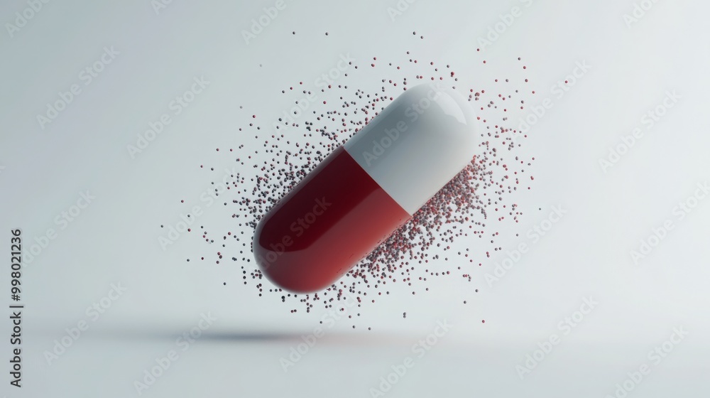 Poster large antibiotic capsule breaking apart, with tiny bacteria escaping from it, symbolizing the issue 
