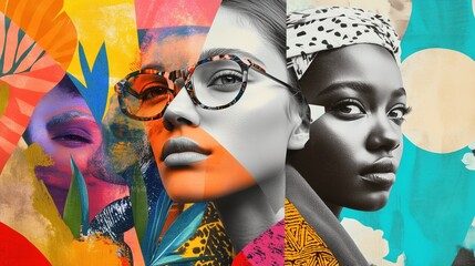 Collage of diverse young women faces. Various ethnic groups and different skin color. Women's Day, Human Rights Day. Femenine wallpaper, colorful background, poster, backdrop, banner