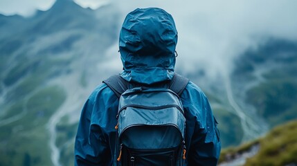 Blue rain jacket with reflective panels and large hood against a mountain landscape background outdoor exploration gear 