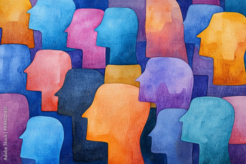 Poster abstract heads in vibrant blocks of colors representing diversity individuality and collective ident