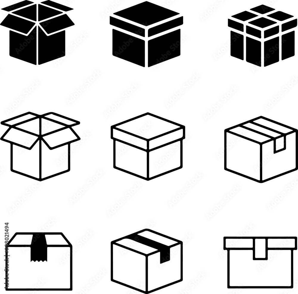 Poster icon set of package shipping box delivery parcel import export return distribution. thin line icons 