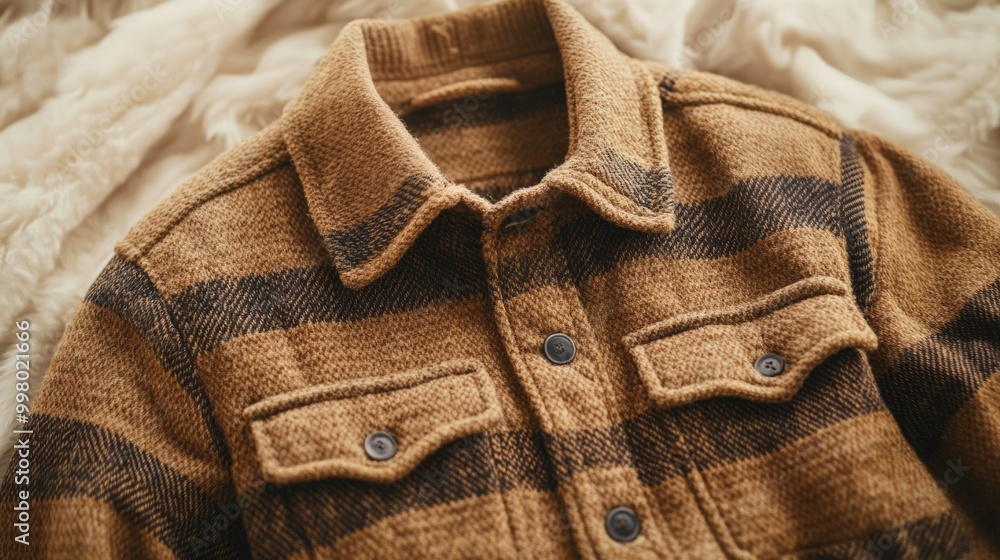 Poster brown flannel shacket with button-up front and cuffed sleeves isolated on a soft beige background ru
