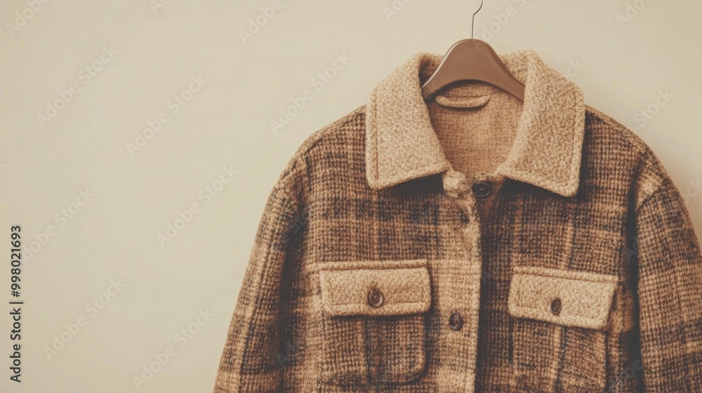 Poster brown flannel shacket with button-up front and cuffed sleeves isolated on a soft beige background ru