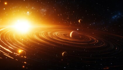 Fototapeta premium Solar system with planets and glowing sun on a cosmic background.