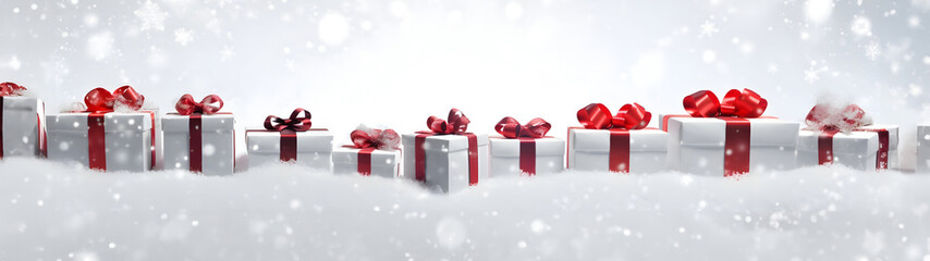 Large horizontal row of Christmas gifts with red ribbons and spruce trees on snow covered surface, snowfall and abstract background with snowflakes and sparkling lights.