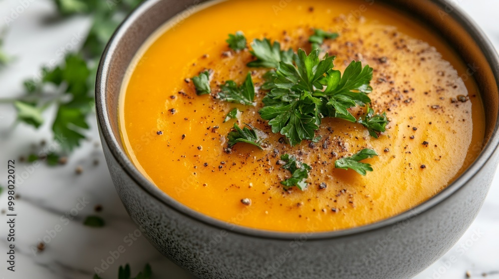 Poster Butternut squash soup with caramelized onions and a hint of cinnamon, topped with fresh parsley, placed on a marble countertop rich and hearty 