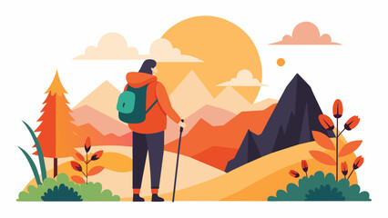 Solo Hiker Admiring Sunset in Autumnal Mountain Landscape