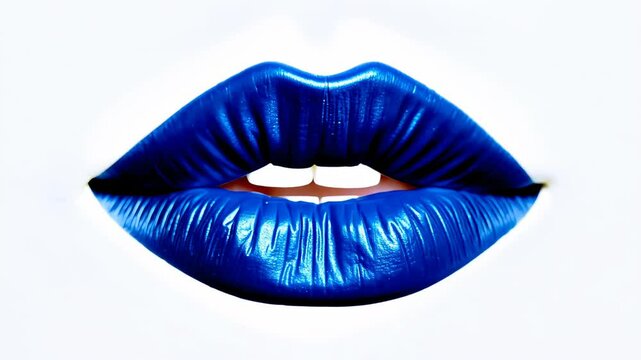 Intense blue lips with a glossy finish, making a strong statement in makeup artistry and reflecting a rebellious sense of style.