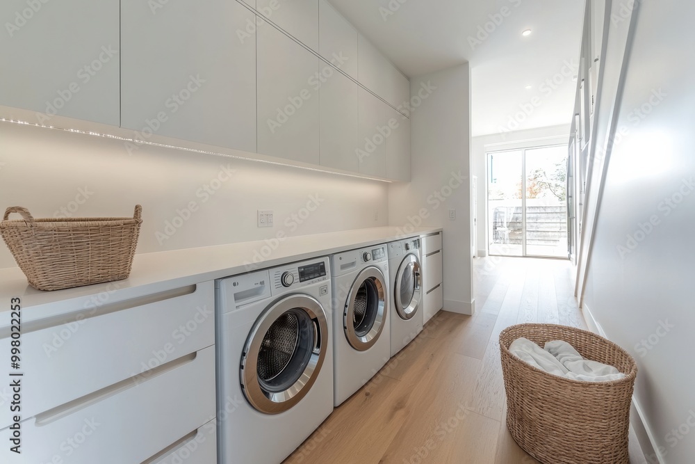Poster this laundry room showcases a functional layout with built-in washing and drying machines, bright ca