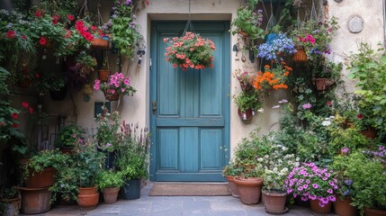 A front door slightly, surrounded by vibrant hanging flowers and numerous potted plants, creating a warm and welcoming entrance