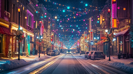 Obraz premium City street lined with Christmas lights, buildings and trees glowing with festive colors, snow falling gently, holiday cheer 