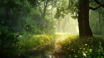 Obraz premium Tranquil Rain Shower in a Lush Forest