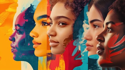 Collage of diverse young women faces. Various ethnic groups and different skin color. Women's Day, Human Rights Day. Femenist wallpaper, colorful background, poster, backdrop, banner
