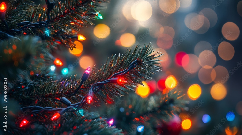 Aufkleber close-up of multicolored christmas lights twisted around a pine branch, soft bokeh in the background