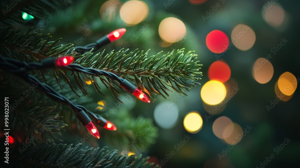 Aufkleber close-up of multicolored christmas lights twisted around a pine branch, soft bokeh in the background