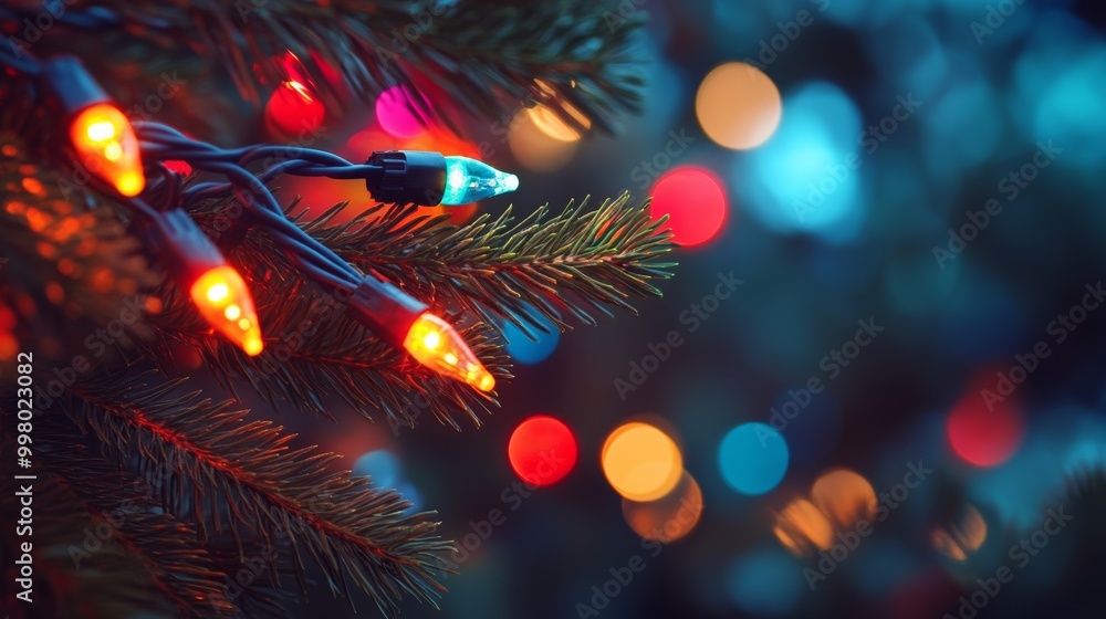 Aufkleber close-up of multicolored christmas lights twisted around a pine branch, soft bokeh in the background