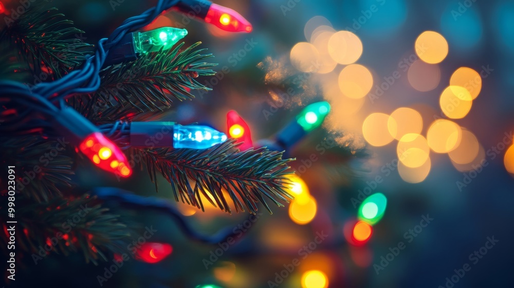 Aufkleber close-up of multicolored christmas lights twisted around a pine branch, soft bokeh in the background