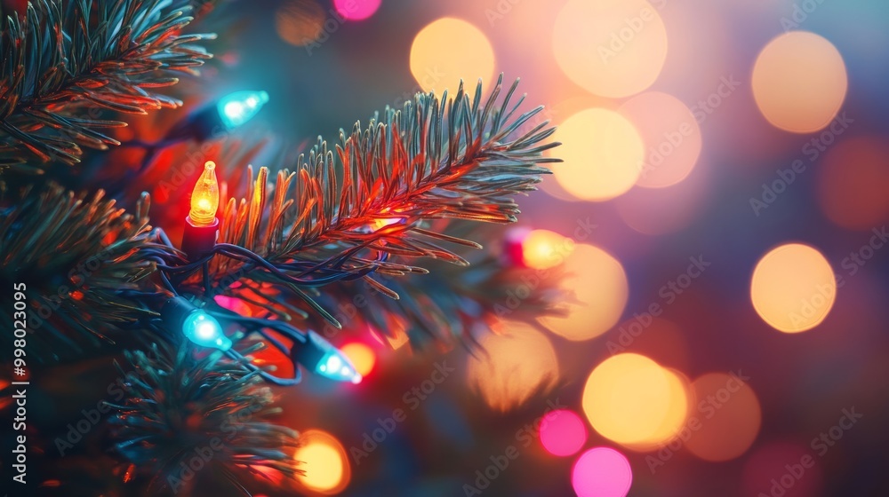 Poster close-up of multicolored christmas lights twisted around a pine branch, soft bokeh in the background