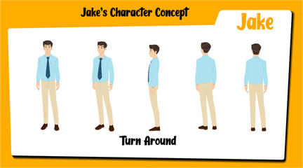 A male employee cartoon character turn around sheet AKA Jake, men wearing an office uniform. © characterbazaar