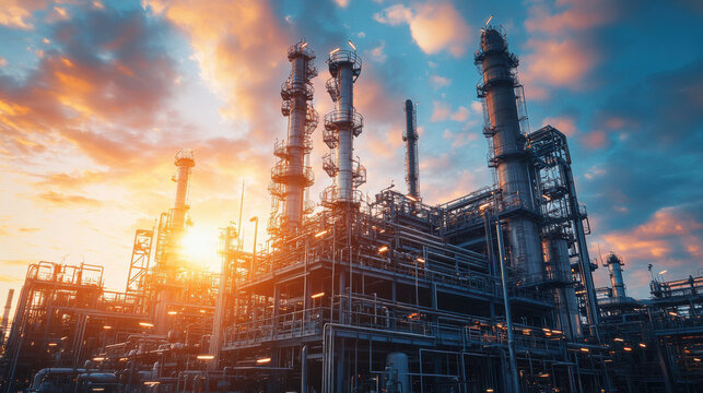 petrochemical production plant with refining equipment stands tall against vibrant sunset sky, showcasing industrial architecture and complex machinery