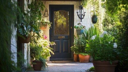 Fototapeta premium A front door slightly ajar with a lush garden porch, where potted plants and wind chimes create a soft, inviting scene