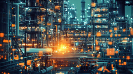 Naklejka premium vibrant petrochemical production plant showcasing intricate refining equipment and illuminated structures. scene captures complexity and scale of industrial operations, evoking sense of innovation