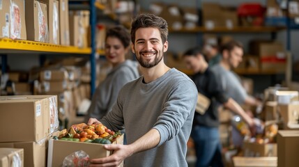 Volunteers packing Thanksgiving meal kits at a local food bank with a focus on community support and care