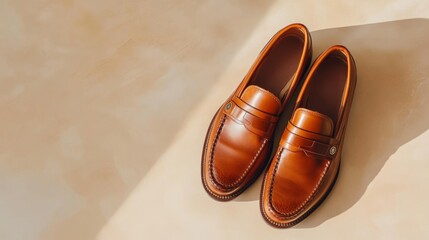 Cognac leather loafers with penny strap detail against a neutral beige background classic sophistication 