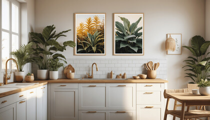 Bohemian style kitchen room with natural light and vibrant plants, minimal interior with artistic paintings 