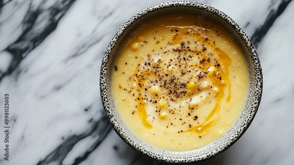 Poster Creamy corn chowder with a swirl of cream and cracked pepper, placed on a marble surface elegant and smooth 