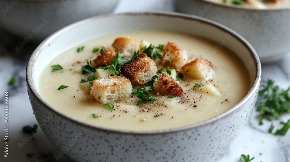 Sticker Creamy parsnip and apple winter soup, garnished with crispy croutons and a sprinkle of nutmeg, served in a minimalist white bowl warm and sweet 