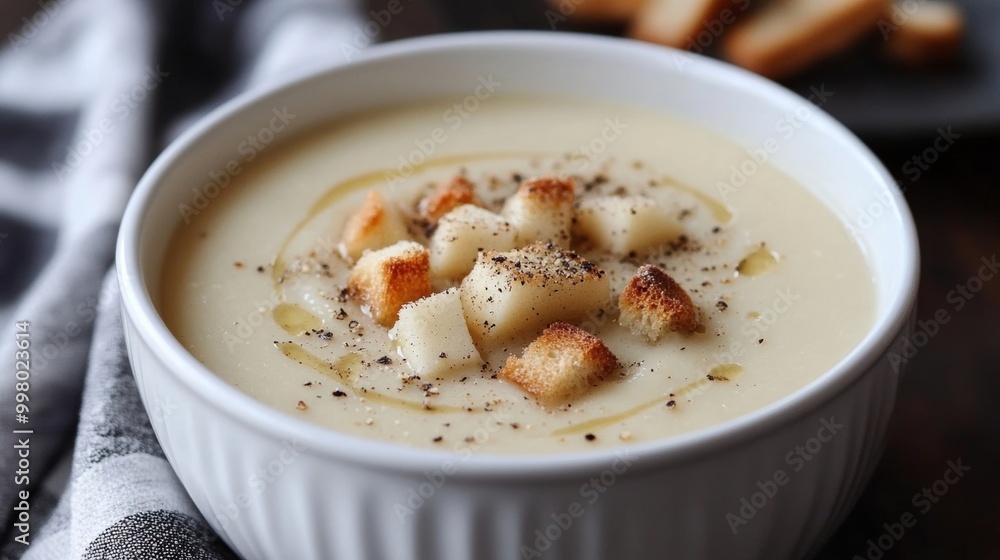 Poster creamy parsnip and apple winter soup, garnished with crispy croutons and a sprinkle of nutmeg, serve