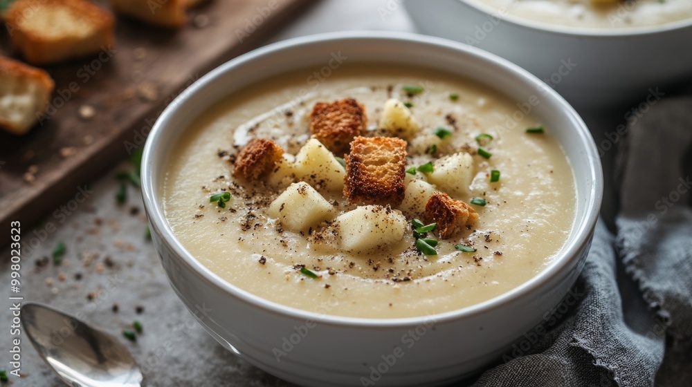 Poster creamy parsnip and apple winter soup, garnished with crispy croutons and a sprinkle of nutmeg, serve