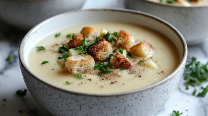 Creamy parsnip and apple winter soup, garnished with crispy croutons and a sprinkle of nutmeg, served in a minimalist white bowl warm and sweet 