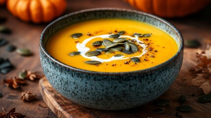 Creamy pumpkin soup in a rustic ceramic bowl garnished with roasted pumpkin seeds and a swirl of cream, placed on a wooden table background cozy fall comfort 