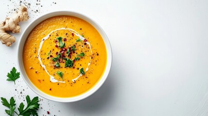 Creamy pumpkin soup with ginger and a drizzle of coconut milk in a minimalist white bowl, placed on a clean white background fresh and vibrant 