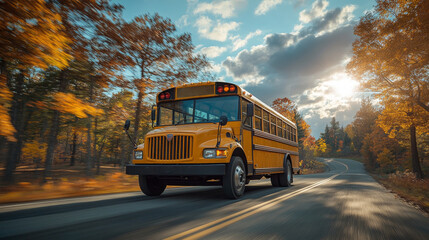 Obraz premium Yellow School Bus Stops on Autumn Day as Children Eagerly Board for Afternoon Adventure