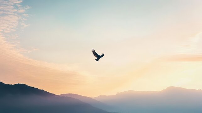 A majestic bird soars through a colorful sky, surrounded by mountains, capturing the beauty of nature at dawn.