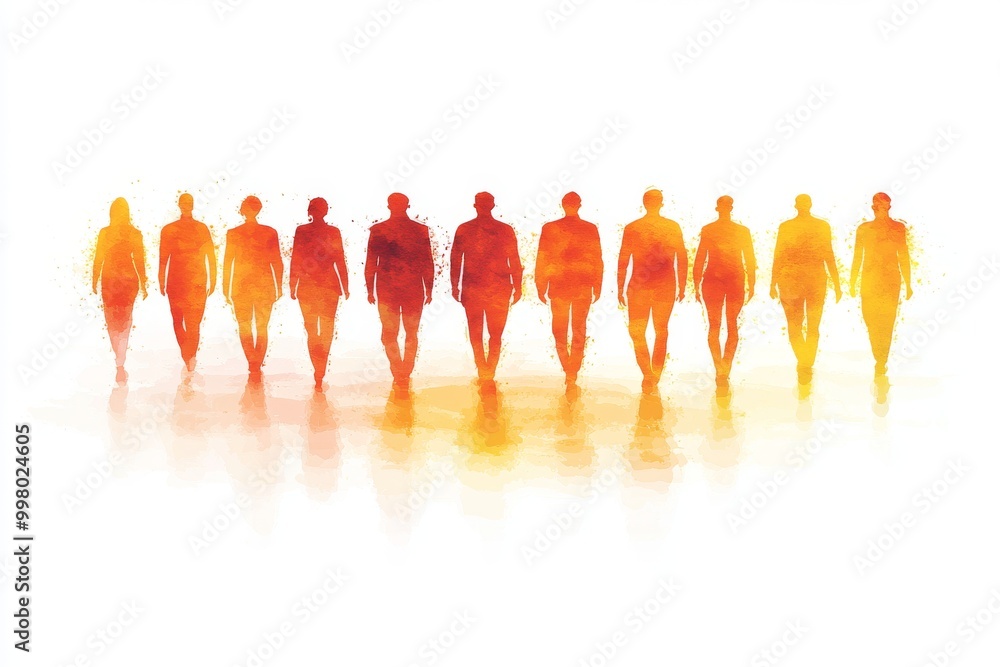 Poster group of human figures walking forward in vibrant orange and yellow hues symbolizing progress unity 