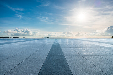 Empty square floor and coastline with sky clouds nature landscape. car background.