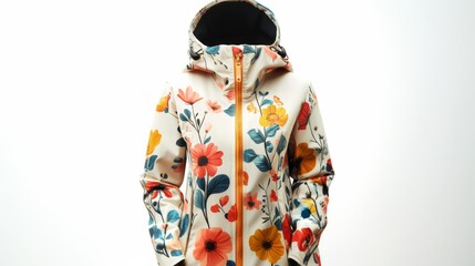 Floral patterned rain jacket with pastel colors isolated on a white background feminine and playful design 