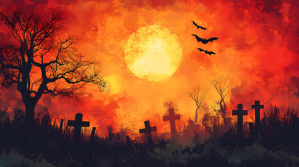 Eerie sunset over a graveyard with bats flying in the twilight sky. Generative AI