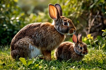 Obraz premium Beautiful mother rabbit sitting on the grass in a forest with her baby